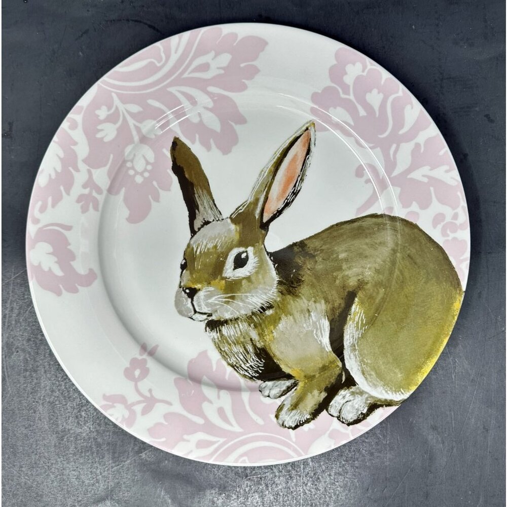 CIROA PINK BUNNY Porcelain Dinner Plate Floral Damask Easter Spring Rabbit - Picture 2 of 9